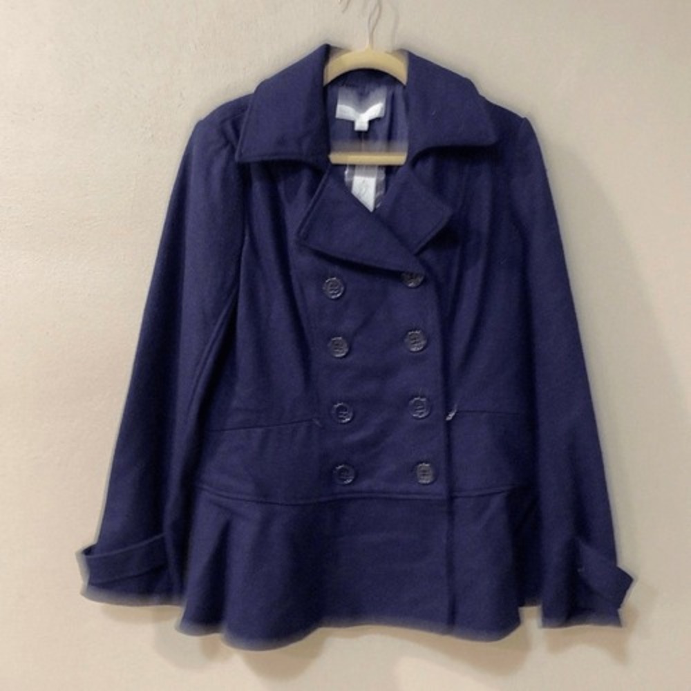NEW YORK & COMPANY Pea Coat Navy Blue Wool Blend Peplum Double Breasted Medium